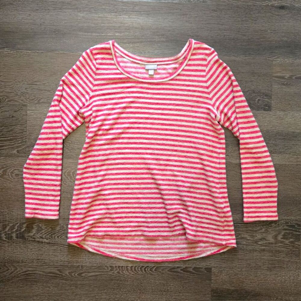 J. Jill Pink Striped Knit T-Shirt Top Size S Long Sleeve Scoop Neck Pullover